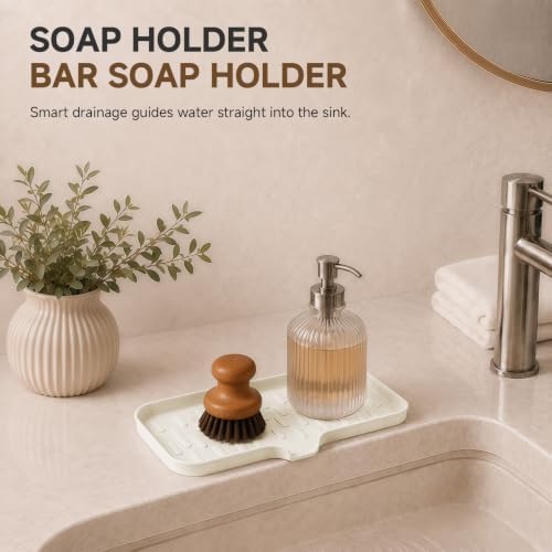 CAKETIME 2 Pack Silicone Soap Dish with Drain Spout for Bathroom Shower Caddy Kitchen Counter in-Sink Sponge Holder Dispenser Countertop Accessories Home Practical Daily Household Stuff Beige Large - Image 5