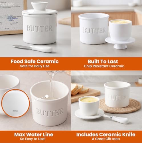Priority Chef Butter Crock with Lid for Countertop with Spreader Knife and Water Line, Soft Spreadable Butter, Ceramic French Butter Dish with Lid, White - Image 5