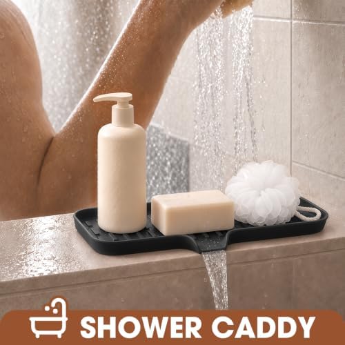 CAKETIME 2 Pack Silicone Soap Dish with Drain Spout for Bathroom Shower Caddy Kitchen Counter Sponge Holder Bar Sink Organizer Gadgets Gears Items Self Draining Jabonera Stuff Black Large - Image 3