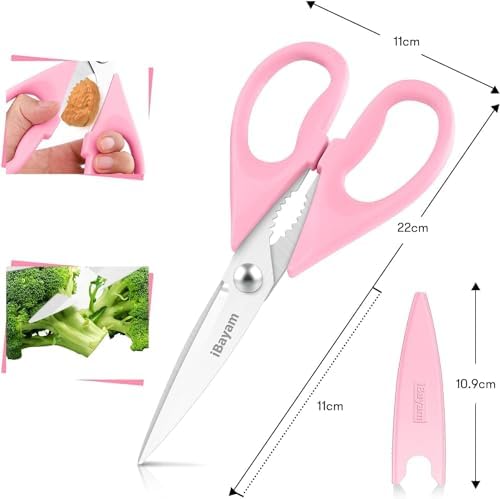 iBayam Pink Kitchen Scissors All Purpose Heavy Duty & Comfort Grip & Cover - Image 3