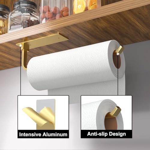Paper Towel Holder Under Cabinet, Self-Adhesive or Drilling, Gold - Image 2