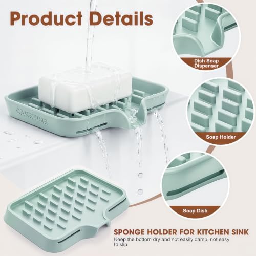 CAKETIME 2 Pack Silicone Soap Dish with Drainage Holes for Bathroom Shower Caddy Kitchen Counter Sponge Holder Bar Sink Organizer Suction Cup Dispenser Shampoo Hanging Office Tools Storage New Green - Image 2