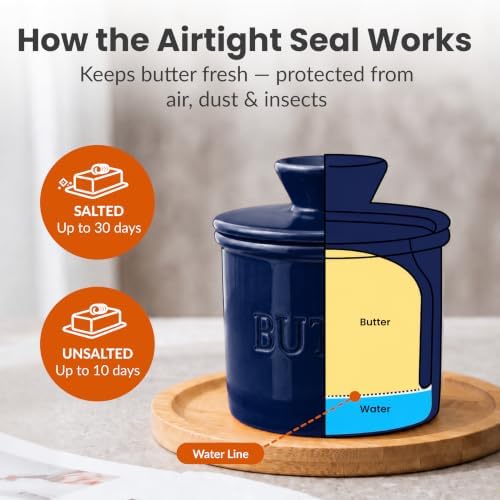 Priority Chef Butter Crock with Lid for Countertop with Spreader Knife and Water Line, Soft Spreadable Butter, Ceramic French Butter Dish with Lid, Dark Navy - Image 4