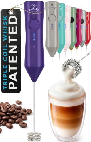 Zulay Kitchen Rechargeable Milk Frother Handheld - Frother Wand, Drink Mixer, Electric Whisk Frother, for Cappuccinos, Matcha & Protein Powder - Dynamic Triple Whisk, 3 Speed 500mAh Purple by ZulayKitchen
