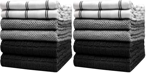 Premium Kitchen Towels (20”x 28”, 12 Pack) | Large Cotton Dish Towels | Flat & Terry Highly Absorbent Kitchen Linen Set with Hanging Loop | Black Check by BumbleTowels