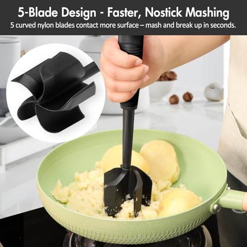 Ourokhome Meat Chopper and Potato Masher, Heat Resistant Nylon Ground Beef Smasher for Hamburger, 5 Curved Blades Nonstick Mixer & Stirrer, Practical Kitchen Gadgets, Black - Image 4
