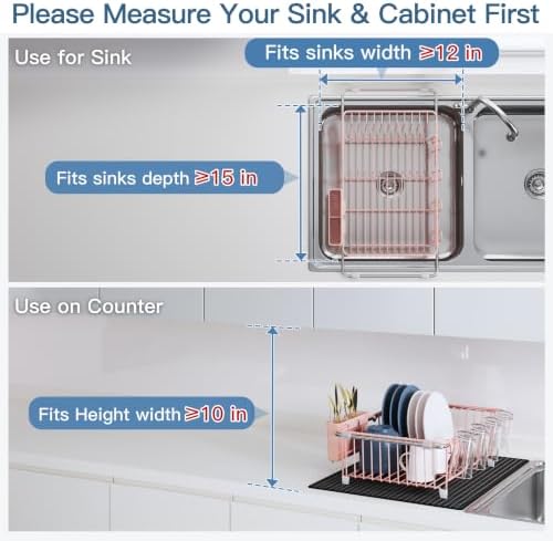 JASIWAY Pink Dish Drying Rack in Sink with Mat, Cups and Utensil Holder - Image 5
