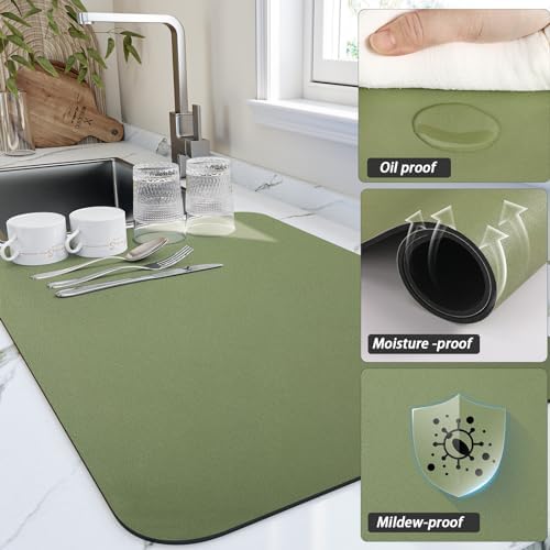 HotLive Dish Drying Mat for Kitchen Counter, Heat Resistant Drainer Mats with Non-slip Rubber Backed, Hide Stain Kitchen Super Absorbent Draining Mat, Easy to Clean Dish Rack Pad, Green 18"x24" - Image 3