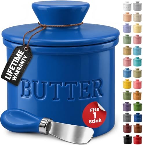Priority Chef Butter Crock with Lid for Countertop with Spreader Knife and Water Line, Soft Spreadable Butter, Ceramic French Butter Dish with Lid, Lapis Blue by PriorityChef