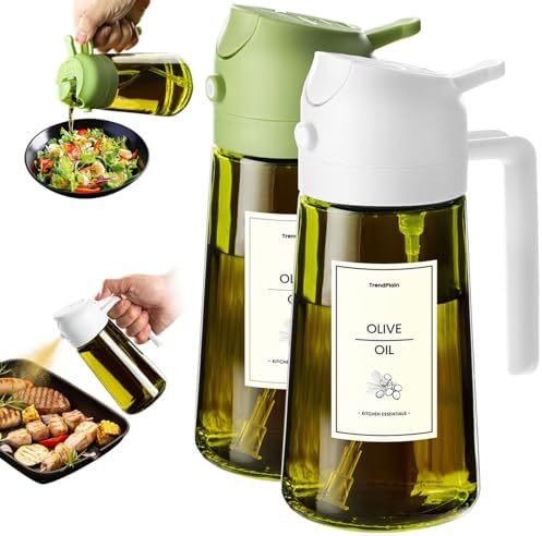 TrendPlain - 16oz Olive Oil Dispenser for Kitchen - 2 in 1 Olive Oil Dispenser and Oil Sprayer - Olive Oil Dispenser Bottle w/Stickers - Olive Oil Sprayer for Cooking 2Pcs White&Green (Light Blockage) by TrendPlain