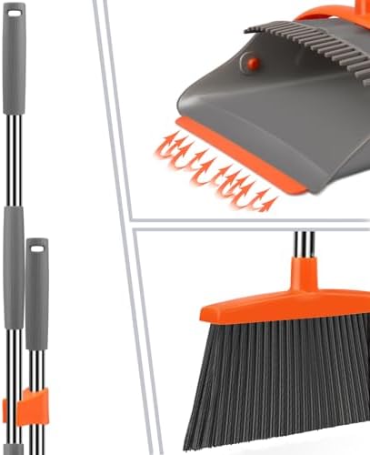 Ivandar Broom and Dustpan Set for Home, Broom and Dustpan Combo for Office, Long Handle Broom with Upright Standing Dust pan,Indoor&Outdoor Sweeping (Gray&Orange) - Image 3