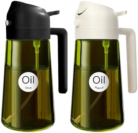 YARRAMATE 16oz/470ml 2PCS Light Blockage Dark Oil Sprayer for Cooking, 2 in 1 Olive Oil Dispenser Bottle for Kitchen, Green Glass Oil Bottle, Food-Grade Oil Mister for Air Fryer, BBQ (Black & White) by YARRAMATE