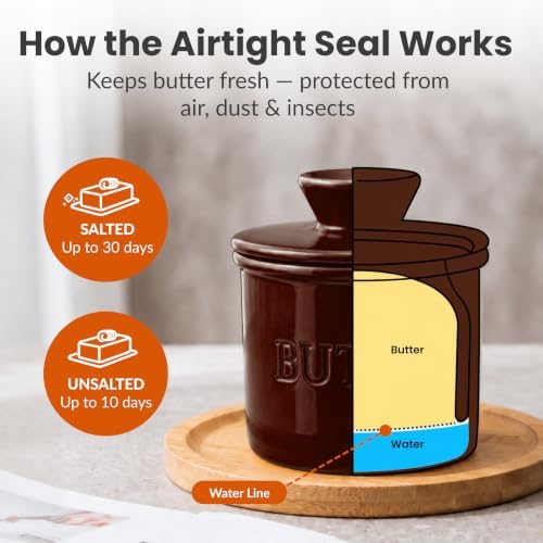 Priority Chef Butter Crock with Lid for Countertop with Spreader Knife and Water Line, Soft Spreadable Butter, Ceramic French Butter Dish with Lid, Chocolate Brown - Image 4