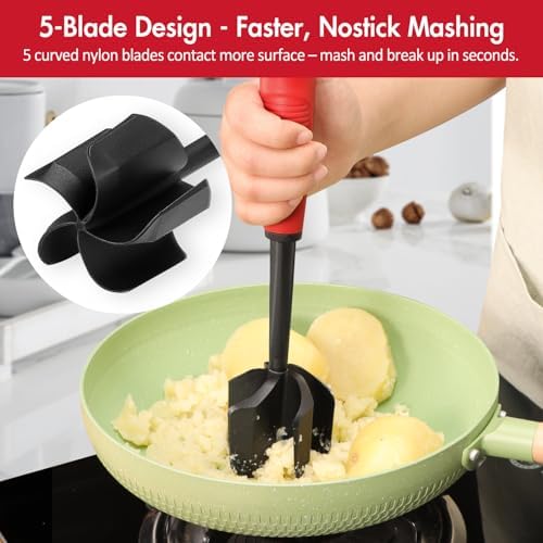 Ourokhome Meat Chopper and Potato Masher, Heat Resistant Nylon Ground Beef Smasher for Hamburger, 5 Curved Blades Nonstick Safe Mixer & Stirrer, Practical Kitchen Gadgets, Black Red - Image 4
