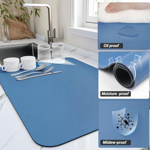 HotLive Dish Drying Mat for Kitchen Counter, Heat Resistant Drainer Mats with Non-slip Rubber Backed, Hide Stain Kitchen Super Absorbent Draining Mat, Easy to Clean Dish Rack Pad, Blue 18"x32" - Image 3
