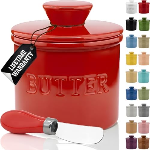 Priority Chef Large Butter Crock with Lid with Water Line, Ceramic French Butter Dish to Leave On Counter, Red by PriorityChef