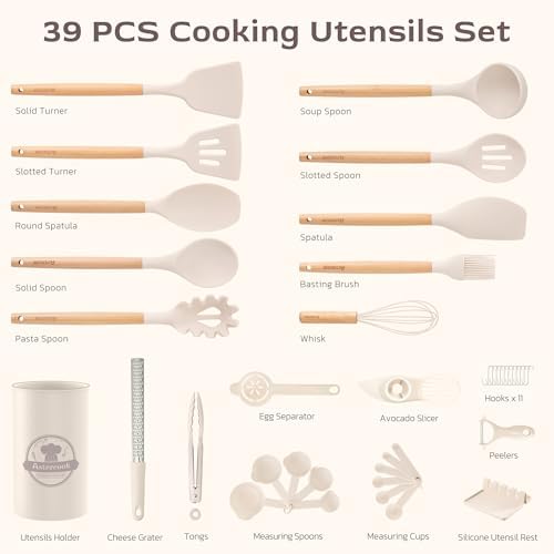 Astercook Kitchen Utensils set, 39 PCS Silicone Cooking Utensils Set with Wooden Handle, 446°F Heat Resistant Food Grade Utensil Sets, BPA Free Kitchen Gadgets Tools Set for Nonstick Cookware (Cream) - Image 2