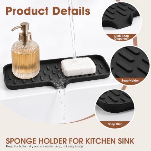 CAKETIME 2 Pack Silicone Soap Dish with Drain Spout for Bathroom Shower Caddy Kitchen Counter Sponge Holder Bar Sink Organizer Gadgets Gears Items Self Draining Jabonera Stuff Black Large - Image 2