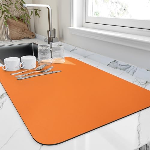 HotLive Dish Drying Mat for Kitchen Counter, Heat Resistant Drainer Mats with Non-slip Rubber Backed, Hide Stain Kitchen Super Absorbent Draining Mat, Easy to Clean Dish Rack Pad, Orange 16"x18" by HotLive