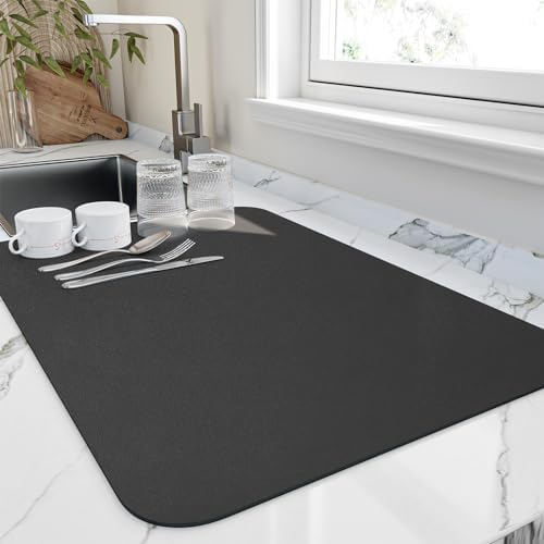 HotLive Dish Drying Mat for Kitchen Counter, Heat Resistant Drainer Mats with Non-slip Rubber Backed, Hide Stain Kitchen Super Absorbent Draining Mat, Easy to Clean Dish Rack Pad, Black 16"x20" by HotLive