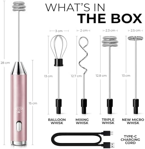 Zulay Kitchen Rechargeable Milk Frother Handheld - Frother Wand, Drink Mixer, Electric Whisk Frother, for Cappuccinos, Matcha & Protein Powder - Ultra Metal 4 Whisk, 1800mAh Pink - Image 7
