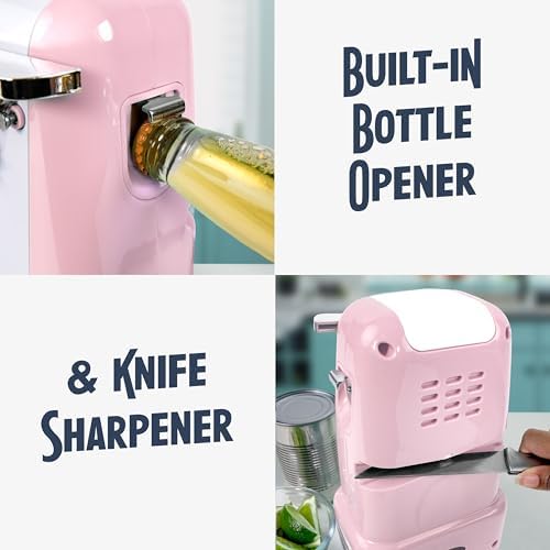 Nostalgia Retro Electric Can Opener for Kitchen with Magnetic Lid Remover, Knife Sharpener, and Soda or Beer Bottle Opener, Pink - Image 4