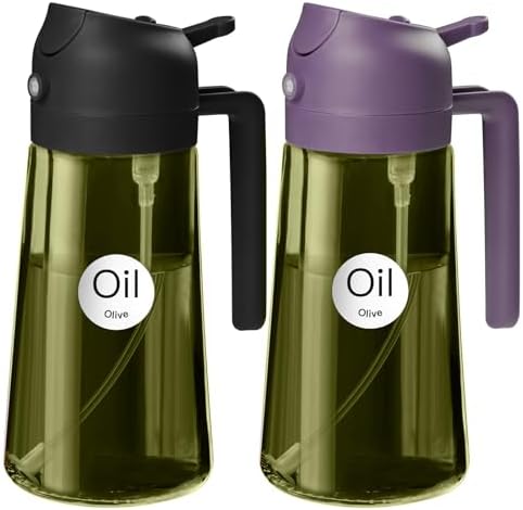 YARRAMATE 2Pcs 16oz/470ml Dark Green Oil Sprayer for Cooking with Stickers, Food-grade Premium 2 in 1 Olive Oil Dispenser Bottle for Kitchen Gadgets, Air Fryer, Salad, Frying, BBQ (Black&Purple) by YARRAMATE