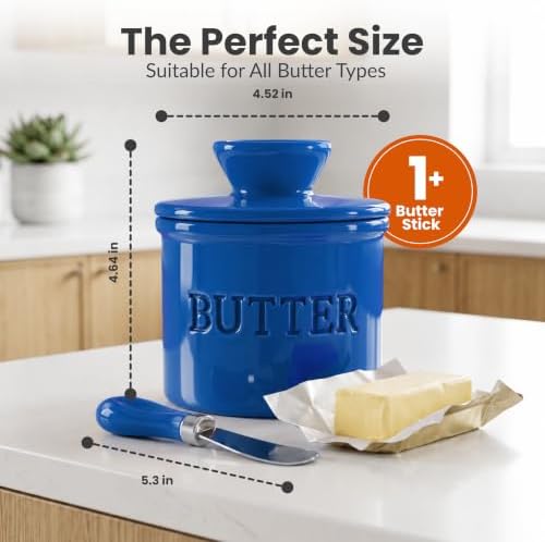 Priority Chef Butter Crock with Lid for Countertop with Spreader Knife and Water Line, Soft Spreadable Butter, Ceramic French Butter Dish with Lid, Lapis Blue - Image 6