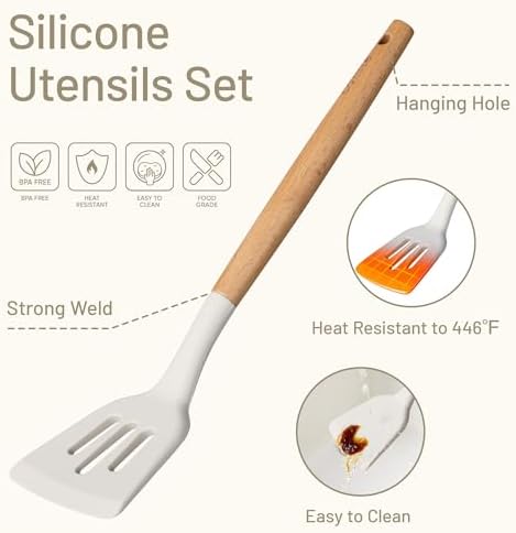 CAROTE Silicone Cooking Utensils Set, Kitchen Utensils Set 10 Pcs for cooking, BPA Free Spatula Set with Heat Resistant Wood Handles for Nonstick Cookware (Cream White) (Pack of 2) - Image 3
