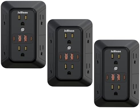 JcBlaon 3 Pack Outlet Extender Surge Protector, 6 Outlet Splitter with 4 USB Ports (2 USB C),1050J 3-Sided Multi Plug Wall Outlet, USB Wall Charger for Home Office Kitchen Travel（Black）-ETL by JcBlaon