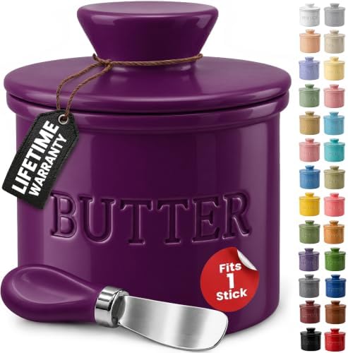 Priority Chef Butter Crock with Lid for Countertop with Spreader Knife and Water Line, Soft Spreadable Butter, Ceramic French Butter Dish with Lid, Purple by PriorityChef