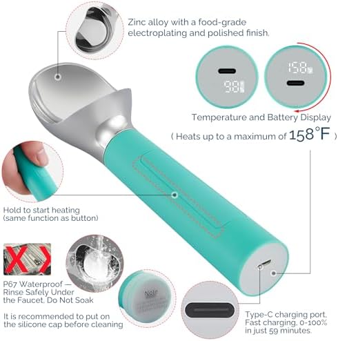Heated Ice Cream Scoop Rechargeable, Electric Warming Ice Cream Scooper with LED Display, Heats to 158°F for Hard Ice Cream, Easy for Seniors & Kids, IP67 Waterproof (Retro Mint, 2oz) - Image 3