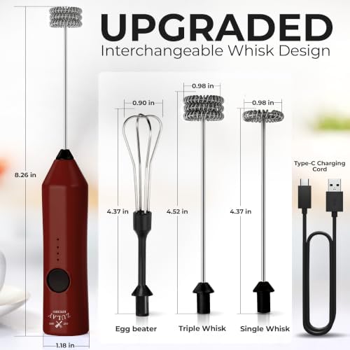 Zulay Kitchen Rechargeable Milk Frother Handheld - Frother Wand, Drink Mixer, Electric Whisk Frother, for Cappuccinos, Matcha & Protein Powder - Dynamic 3 Whisk, 3 Speed 500mAh Red Black - Image 4