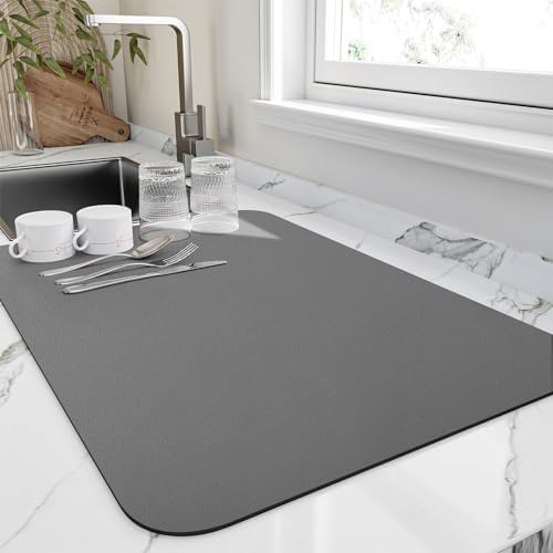 HotLive Dish Drying Mat for Kitchen Counter, Heat Resistant Drainer Mats with Non-slip Rubber Backed, Hide Stain Kitchen Super Absorbent Draining Mat, Easy to Clean Dish Rack Pad, Dark Grey 18"x28" by HotLive