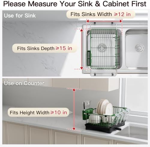 JASIWAY Green Dish Drying Rack in Sink with Drainboard and Utensil Holder - Image 3