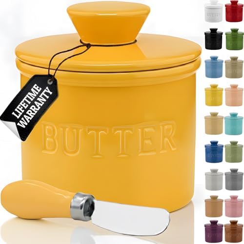 Priority Chef Butter Crock with Lid for Countertop with Spreader Knife and Water Line, Soft Spreadable Butter, Ceramic French Butter Dish with Lid, Yellow by PriorityChef