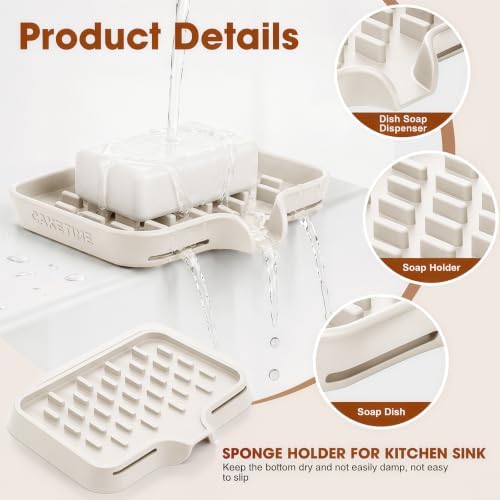 CAKETIME 2 Pack Silicone Soap Dish with Drainage Holes for Bathroom Shower Caddy Kitchen Counter in-Sink Sponge Holder Dispenser Countertop Accessories Home Practical Daily Household Stuff Beige - Image 2