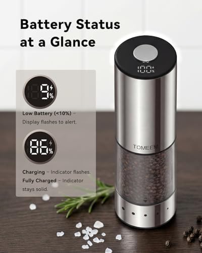 TOMEEM Rechargeable Electric Salt and Pepper Grinder Set, Battery Display - Image 5