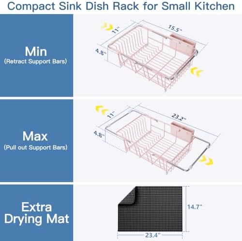 JASIWAY Pink Dish Drying Rack in Sink with Mat, Cups and Utensil Holder - Image 6