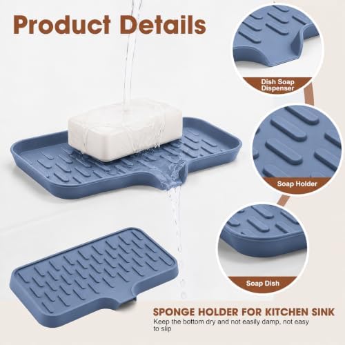 CAKETIME 2 Pack Silicone Soap Dish with Drain Spout for Bathroom Shower Caddy Kitchen Counter Sponge Holder Bar Sink Organizer Tray Container Drying Accessories Small Case Saver Box Stuff Blue Medium - Image 5