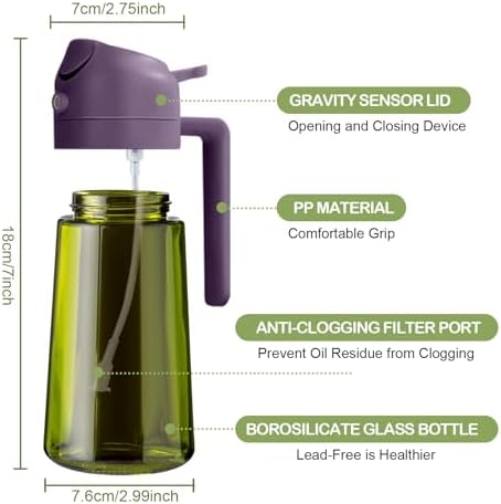 YARRAMATE 16oz/470ml Dark Green Oil Sprayer for Cooking with Stickers, Food-grade Premium 2 in 1 Olive Oil Dispenser Bottle for Kitchen Gadgets, Air Fryer, Salad, Frying, BBQ (Purple) - Image 2