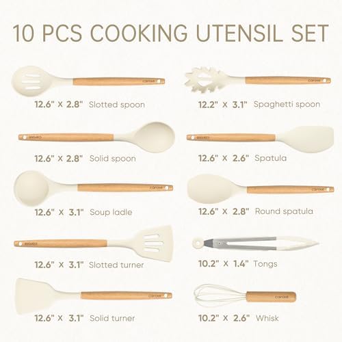 CAROTE 10-Piece Kitchen Utensils Set with Wood Cool-Touch Handles, Cream - Image 2