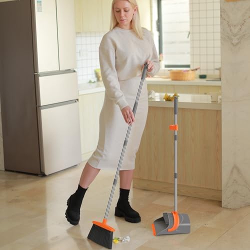 Ivandar Broom and Dustpan Set for Home, Broom and Dustpan Combo for Office, Long Handle Broom with Upright Standing Dust pan,Indoor&Outdoor Sweeping (Gray&Orange) - Image 7