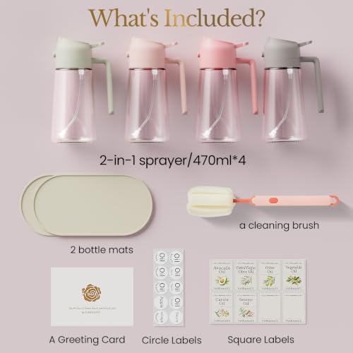 YARRAMATE Olive Oil Dispenser, 2 in 1 Oil Sprayer for Cooking, 17oz/500ml Glass Oil Spray Bottle with Pourer, Food-grade Oil Dispenser and Oil Sprayer for Kitchen, Salad, Frying (24_4pcs pinkset) - Image 2