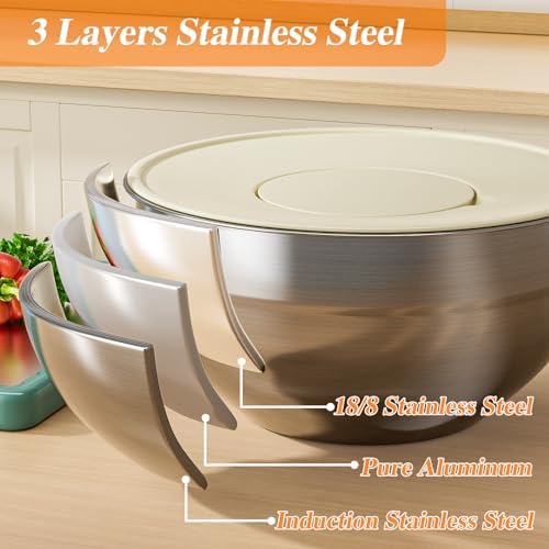 Mixing Bowls with Lids Set, 6 PCS Stainless Steel Mixing Bowls with 3 Grater Attachments, Kitchen Food Storage Organizers Nesting Mixing Bowl, Large Size 4.5, 3.5, 2.1, 1.5, 1.1, 0.7QT - Image 6