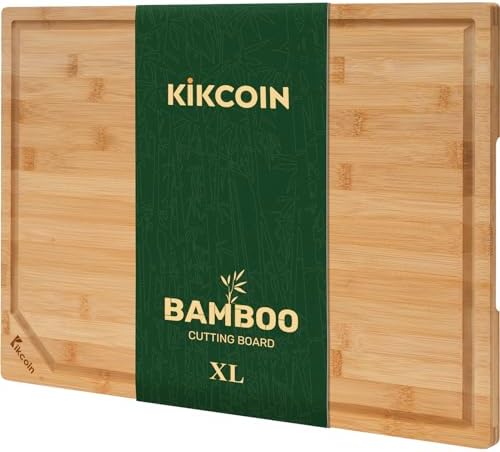 Kikcoin 17"×11" Bamboo Cutting Boards for Kitchen, Knife-Friendly Food Grade Wooden Cutting Boards for Kitchen, Charcuterie, Extra Large Chopping Boards with Deep Juice Groove, Reversible, Natural by Kikcoin