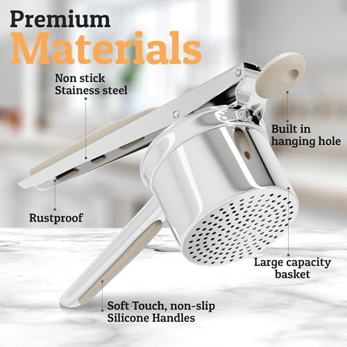 PriorityChef Large 15oz Potato Ricer, Heavy Duty Stainless Steel Potato Masher and Ricer Kitchen Tool, Press and Mash Kitchen Gadget For Perfect Mashed Potatoes - Everytime, Khaki - Image 3