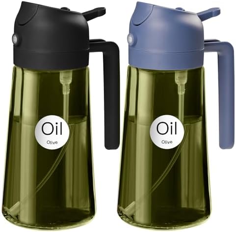 YARRAMATE 2Pcs 16oz/470ml Dark Green Oil Sprayer for Cooking with Stickers, Food-grade Premium 2 in 1 Olive Oil Dispenser Bottle for Kitchen Gadgets, Air Fryer, Salad, Frying, BBQ (Black&Navy) by YARRAMATE