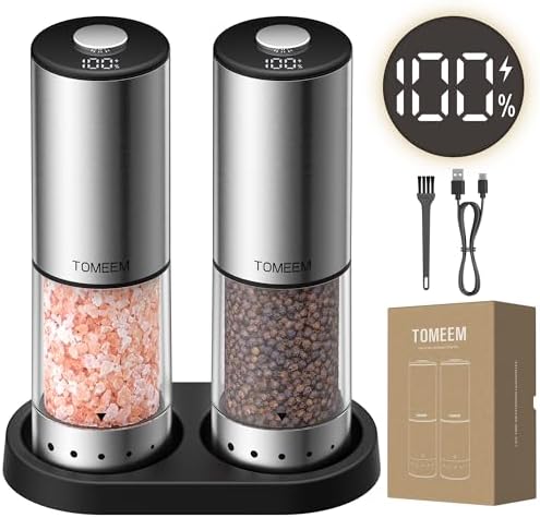 TOMEEM Rechargeable Electric Salt and Pepper Grinder Set, Battery Display by Tomeem