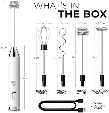 Zulay Kitchen Rechargeable Milk Frother Handheld - Frother Wand, Drink Mixer, Electric Whisk Frother, for Cappuccinos, Matcha & Protein Powder - Ultra Metal 4 Whisk, 1800mAh White - Image 7
